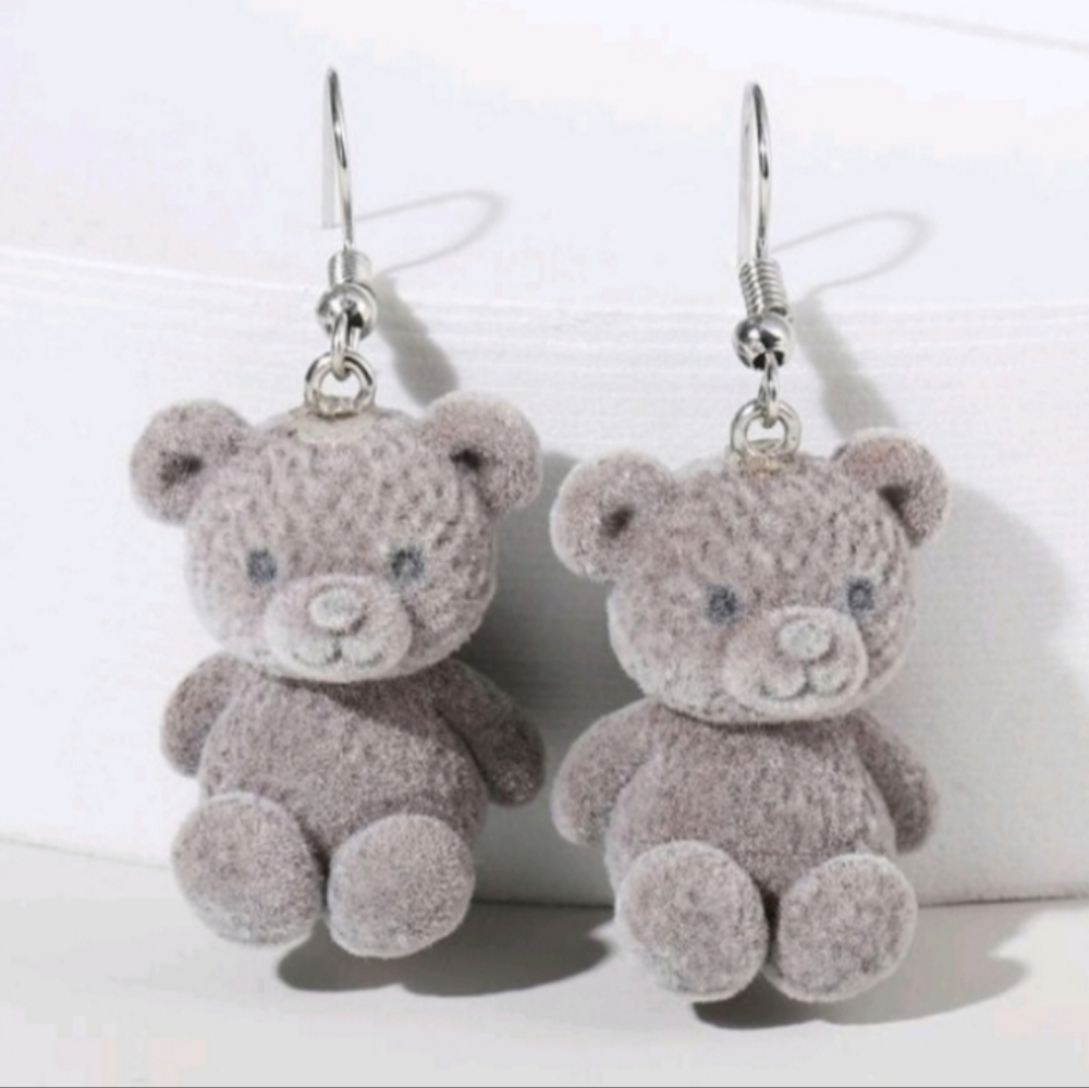 NEW! Adorable 3D Gray Teddy Bear Dangling Silver Hook Earrings